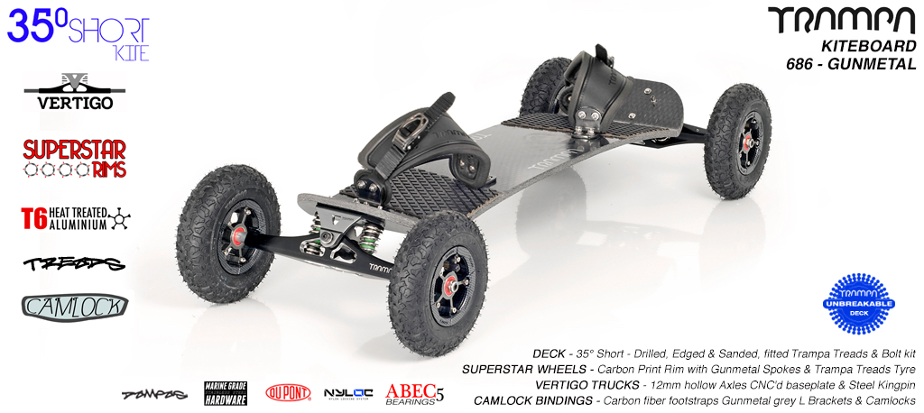 35�s, Gunmetal Vertigo trucks, Carbon SuperStar hubs, Mint Camlock Bindings Kiteboarding