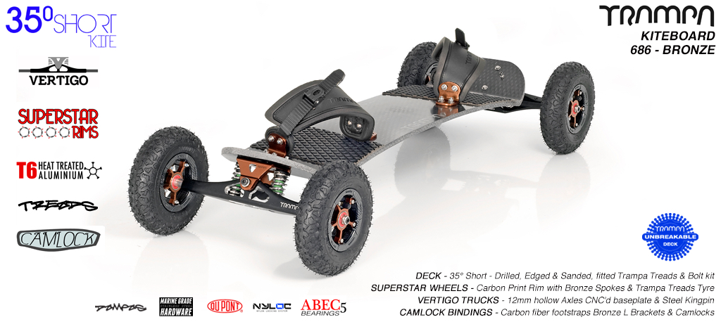 35�s, Bronze Vertigo trucks, Carbon print Superstars, Mint Camlock Bindings Kiteboarding