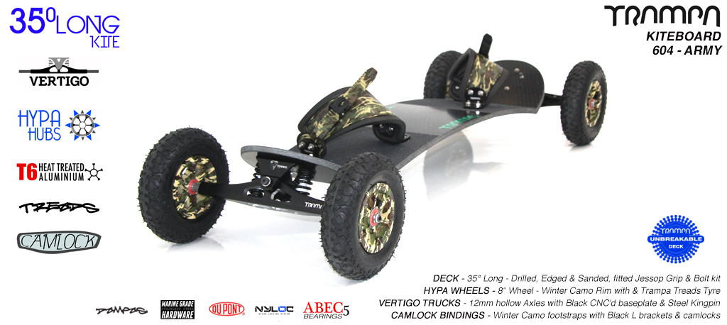 35�L, Gunmetal Vertigo trucks, Army cammo Hypa hubs, Mint Camlock Bindings