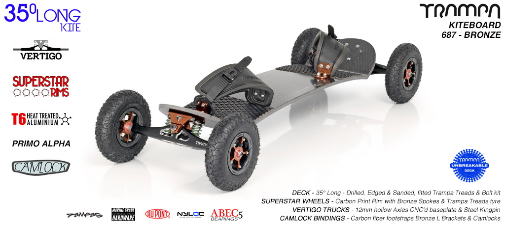 35�L Bronze Vertigo trucks, SuperStar hubs, Mint Camlock Bindings